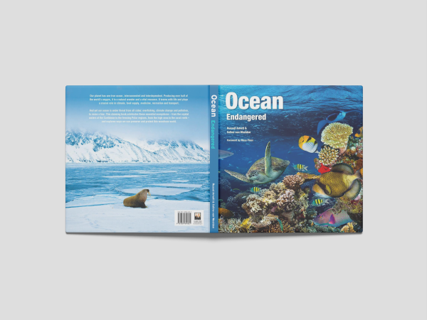 The back cover of the book "Ocean Endangered," featuring a summary of the book’s content, author information, and a call to action for ocean conservation.