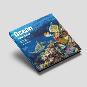 The front cover of the book "Ocean Endangered," featuring a dramatic depiction of endangered marine life and oceanic threats.